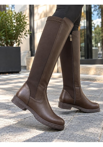 Asmi Shoes Kadın London Kahverengi Dalgıç Kumaş Dizaltı Çizme