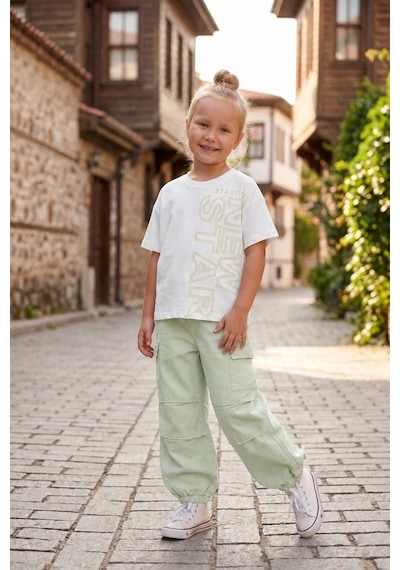 Aden Kids Kaz Tüğü Kumaş Oversize Pantalon İle Kombin Alt Üst Takım Yeşil