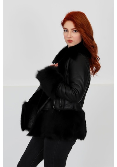M M Marki Marki Lux Hakiki Deri Mont, Gösterişli Kürk Yaka/bilek/etek, Su Geçirmez - Siyah Elegant Fur - 103422