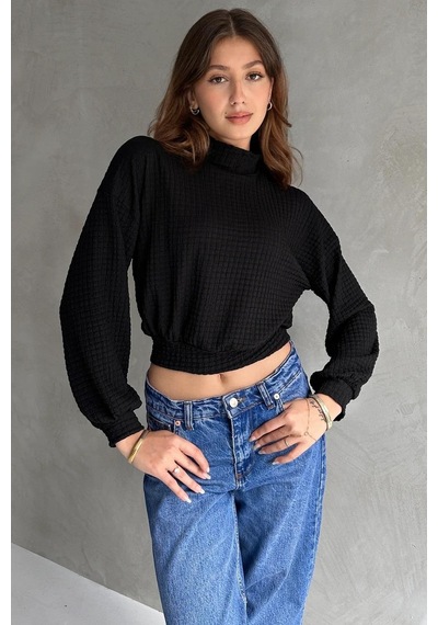 Markahit Defile Balıkçı Yaka Dokulu Crop Bluz Siyah