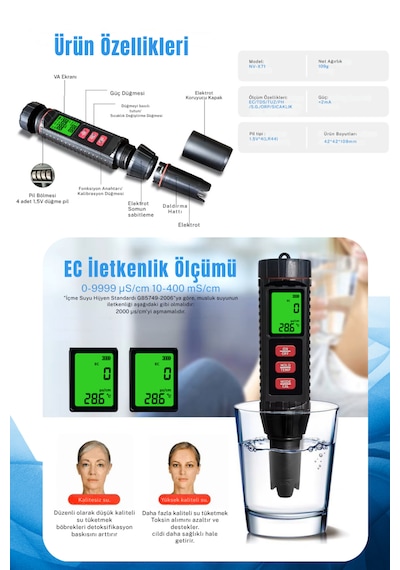 Nv-71 7 Li Ölçüm Cihazı Ph Ec Tds Tuzluluk Orp S.g. Sıcaklık Ölçer Su Analiz Test Cihazı Dijital Ph Metre