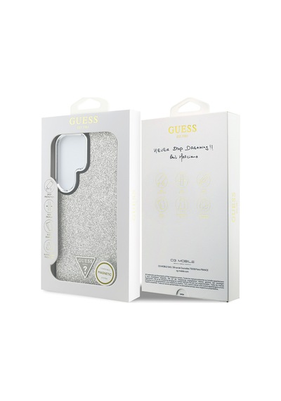Galaxy Uyumlu S26 Ultra Kılıf Guess Lisanslı M-safe Metal Kamera Çerçeveli Üçgen Logolu Glitter Kapak Gümüş Gümüş