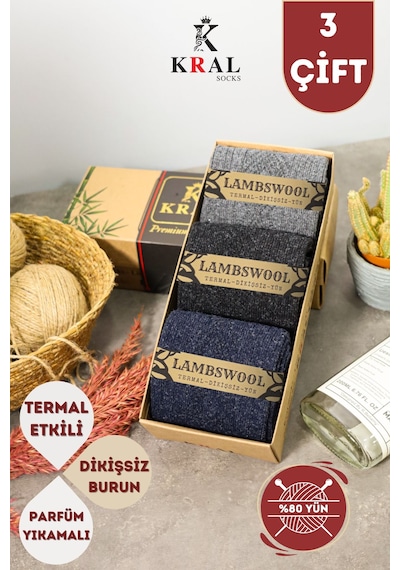 Kral Socks Erkek Koyun Yünlü Lambswool Kışlık 3'lü Kutulu Dikişsiz Çorap Asorti