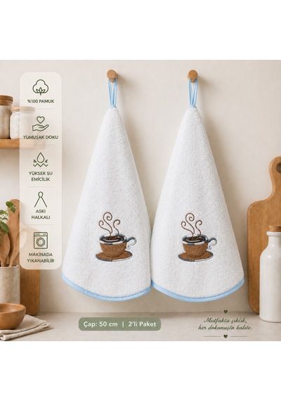 %100 Pamuk Yuvarlak Mutfak Havlusu 50 Cm 2 Li Set Yüksek Emicilik, Askı Halkalı, Nakışlı Şık Tasarım, Makinede Yıkanabilir Kurulama Bezi Beyaz