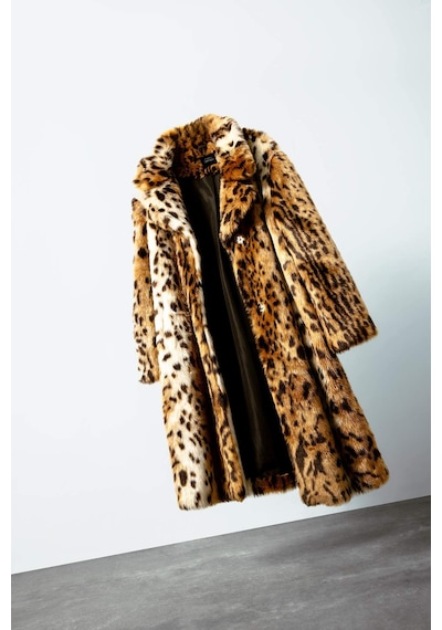 DeFacto Relax Fit Leopar Desenli Ceket Yaka Cepli Uzun Suni Kürk Kaban D4005AX24WNBN561 Kahve