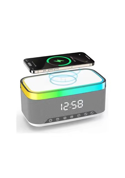 Rgb 13 Mod Led Işıklı Masa Üstü Bluetooth Speaker Masa Saati Alarmlı 15w Kablosuz Şarj Standlı