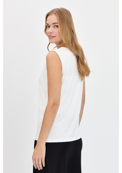 Kadın Sıfır Yaka Flamlı Kumaş Basic Askılı Tshirt Ekru Ekru