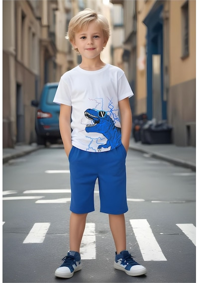 Fyk Kids Gözlüklü Dinazor Baskılı Erkek Çocuk Alt-Üst Takım - Mavi