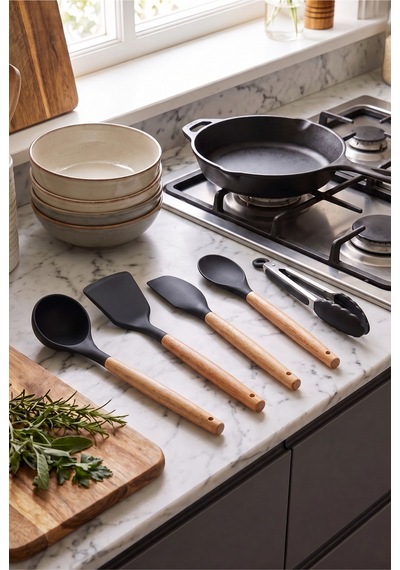 Bambu Saplı Siyah Silikon Mutfak Servis Seti 5 Parça Yanmaz Yapışmaz Silikon Uçlu Kepçe, Spatula, Kaşık Ve Kilitli Mutfak Maşası Premium Kalite Siyah Siyah Bambu Saplı Siyah Silikon Mutfak Servis Seti 5 Parça Yanmaz Yapışmaz Silikon Uçlu Kepçe, Spatula, Kaşık Ve Kilitli Mutfak Maşası Premium Kalite Siyah Siyah