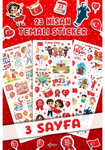23 Nisan Mini Sticker Seti 3 Sayfa Okul Etkinlik Ve Hediye Sticker Çocuk Bayramı Sınıf Hediyelk Çok Renkli