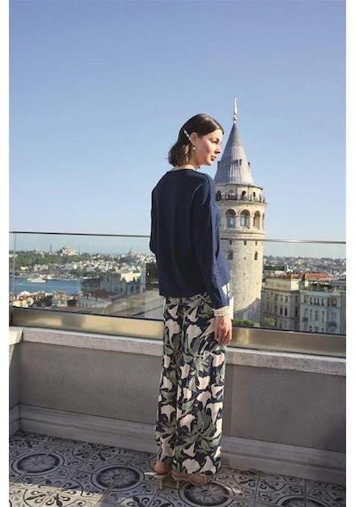 Ang Butik Kadın Yaprak Desenli Uzun Kollu V Yaka Pijama Takımı Lacivert