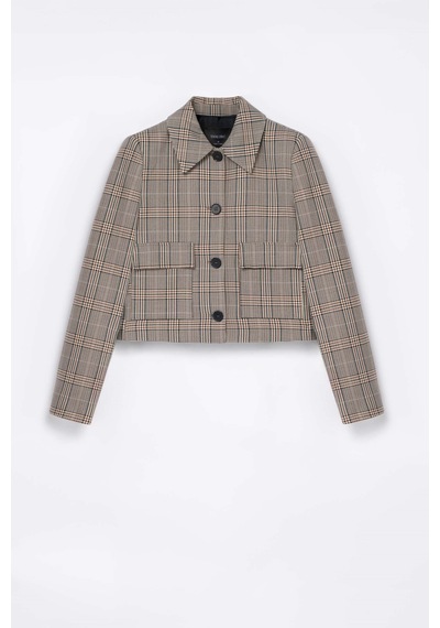 Thalure Kadın Kahverengi Ekoseli Crop Blazer Kahverengi