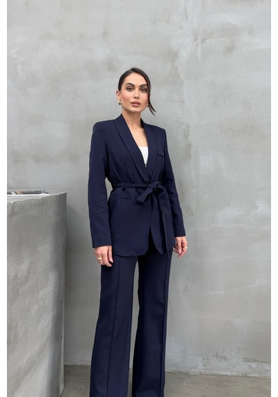 Msm Fashion Kadın İkili Kuşaklı Blazer Ceket Pantolon Takım Lacivert