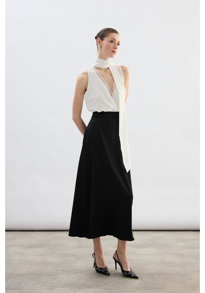 Sateen Yüksek Bel Saten Etek - Siyah-136783 Siyah