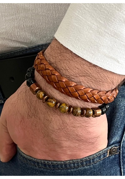Kahverengi %100 Deri&kaplangözü 2li Kombin Erkek Bileklik Set 21 Cm Türk El Üretimi Kahverengi