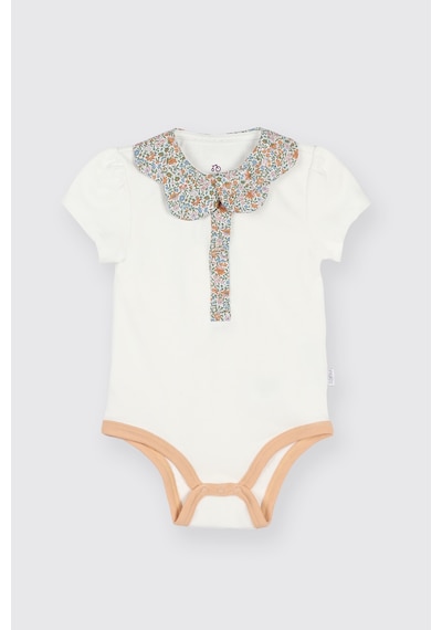Panço Liberty Kumaş Yakası Çiçek Detaylı Kısa Kollu Yenidoğan Body Beyaz 5611GN03001