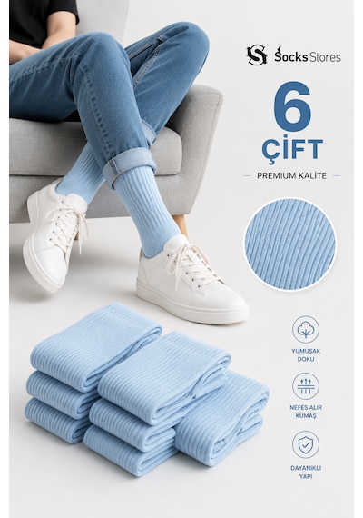 Socks Stores 6 Çift Unisex Renkli Pamuklu Soket Çorap - Renkli Tenis Boy Çorap Açık Mavi