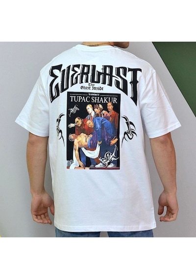 Flood Of Style Erkek Beyaz Evelast Baskılı Oversize Bisiklet Yaka Tshirt
