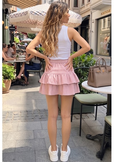 Kadın Pembe Pötikare Desenli Kat Kat Fırfırlı Şort Etek Beli Lastikli %100 Pamuk Mini Etek Kadın Pembe Pötikare Desenli Kat Kat Fırfırlı Şort Etek Beli Lastikli %100 Pamuk Mini Etek