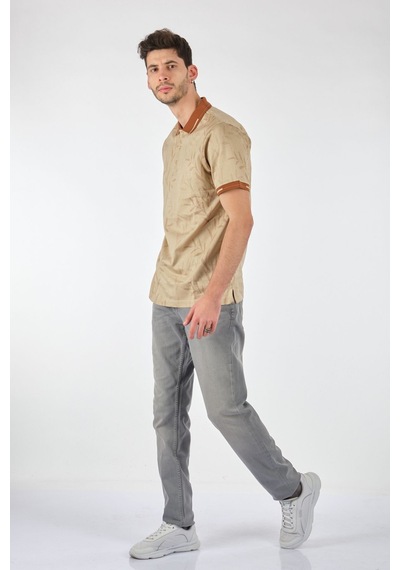 Ecer Erkek Polo Yaka Kısa Kol Tişört - Minimalist Desen - Günlük Stil Bej