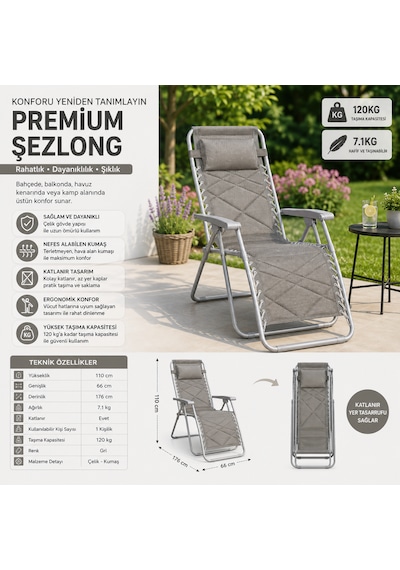 Premium Katlanır Şezlong Gri Ergonomik Bahçe, Kamp, Havuz, Balkon Ve Plaj Dinlenme Koltuğu Çelik Gövde 120 Kg Taşıma Kapasiteli