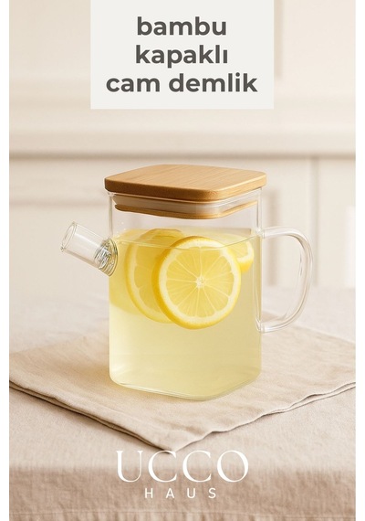 1 Litre Bambu Kapaklı Boroslikat Cam Demlik Sürahi Detox, Limonata, Bitki Çayı, Yağdanlık Mutfak Şeffaf