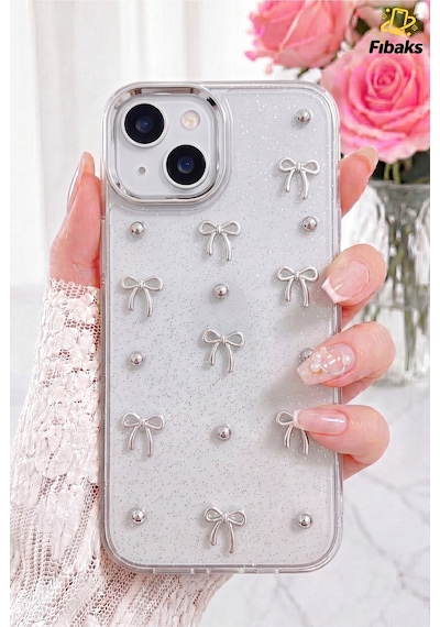Fibaks iPhone 14 Plus/15 Plus Uyumlu Kılıf Fiyonk Desenli Şeffaf Simli Gümüş Kamera Çıkıntılı Parlak