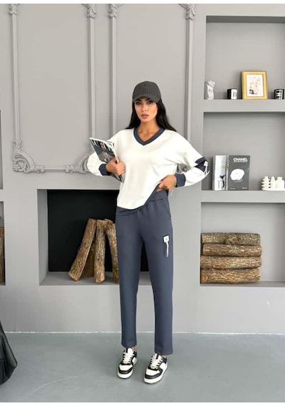 Elaxi Kadın Armalı Modal Kumaş V Yaka Tişort Pantolon İkili Takım Antrasit