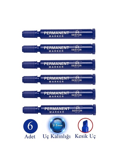 Mavi Permanent Markör Kalem Kesik Uç 6 Adet Sentör Kalıcı Marker Kalem Tüm Koli Karton Çuval Cam Plastik Yüzeylerde