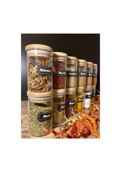 12'li Etiketli Bambu Vakumlu Kapaklı Cam 180ml Baharatlık Takımı Etiketli Baharatlık Set Diğer