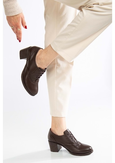 Analin Shoes Kadın Hakiki Deri Bağcıklı Klasik Topuklu Ayakkabı Acı Kahverengi