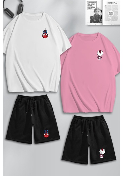 Unisex Kadın Erkek Hello Kitty Spiderman Baskılı Sevgili Çift Kombini Tasarım Oversize Tshirt V Şort Pembe Beyaz Siyah Mck0286 Çok Renkli