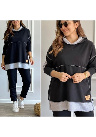 DefyModa Kadın Siyah Kapşonlu Etek Ucu Detay Arma Ters Dikiş Gorunumlu Ikili Takım