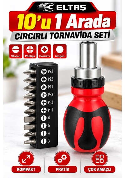 Eltaş 10 U 1 Arada Cırcırlı Tornavida Seti Değiştirilebilir Uçlu Ergonomik Tornavida