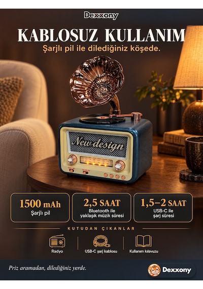 Dexxony Dx-2527 Mavi Nostaljik Radyo Gramofon Görünümlü Büyük Boy Şarjlı Bluetooth Hoparlör Fm Usb