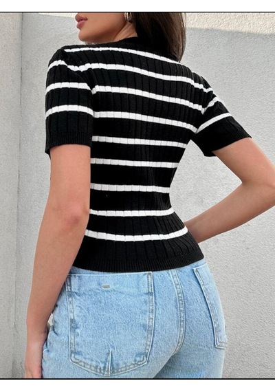 Ckm Moda Costa Yüksek Kalite Çizgili Kadın Bluz Siyah