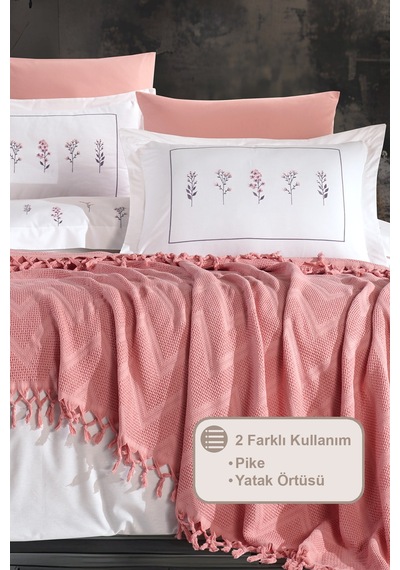 Elart Daisy Pike Yatak Örtüsü %100 Pamuk Püsküllü 220x240 Cm Gülkurusu Gülkurusu