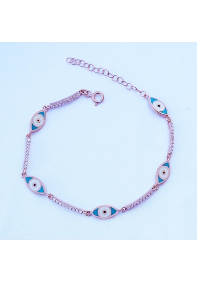 Zirkon Taşlı Mavi Mine İşli Göz Modeli Rose Gold Kaplama Gümüş Bileklik Gümüş