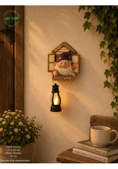 Dekoratif Fenerli Welcome Cüce Çifti 2li Set Dekoratif Kapı Ve Duvar Süsü Renk Seçenekli 17x15 Cm. Kırmızı Mor