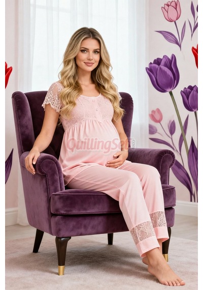 Lady Bebe Pembe Renkli Dantel Detaylı, 33200 Kısa Kol, 2 Parça Lohusa Hamile Pijama Takımı Açık Pembe