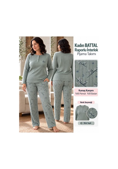 Lana Kadın Battal Pamuk Likralı Raporlu İnterlok Kışlık Pijama Takımı 245/18 - 1 Adet Yeşil Lana Kadın Battal Pamuk Likralı Raporlu İnterlok Kışlık Pijama Takımı 245/18 - 1 Adet Yeşil
