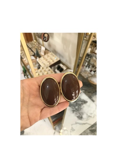 Oval Düğme Model Kahverengi Küpe