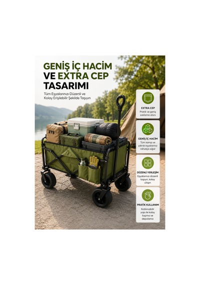 Geniş İç Hacimli Fren Sistemli Katlanabilir Kamp Ve Piknik Arabası Hmngo5643-lmm6fj Çok Renkli