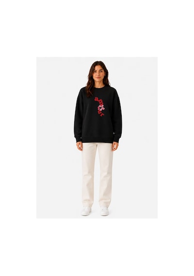 Herkesemoda Amour Baskı Detaylı Şardonlu 2 İplik Bisiklet Yaka Sweatshirt Siyah