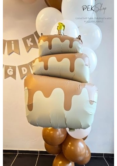Retro Krem Pasta Folyo Balon Retro Mumlu 3 Katlı Pasta Balon 2 Yaş Mavi