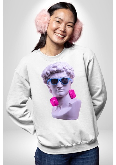 Kulaklık Gözlük Pop Art Heykel Unisex Beyaz Sweatshirt Beyaz