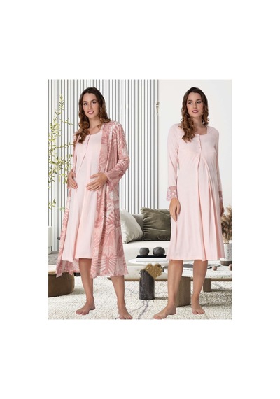 Effortt Dvina Lohusa Hamile Desenli Sabahlık Ve Uzun Kollu Gecelik Takımı - 2'li Set - Pembe Pembe