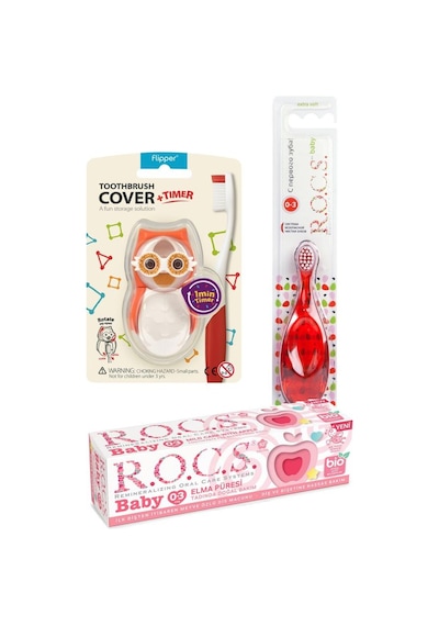 Rocs Baby 0 - 3 Yaş Soft Diş Fırçası + Flipper Baykuş Hijyenik Saklama Kabı Turuncu + Elma Püresi Macun 35 ML