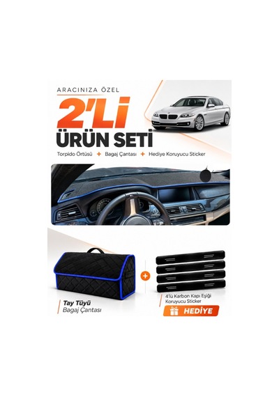 E-biz Bmw F10 2010-2017 Uyumlu Torpido Örtüsü + Tay Tüyü Bagaj Çantası Seti - Siyah-mavi - Bm004