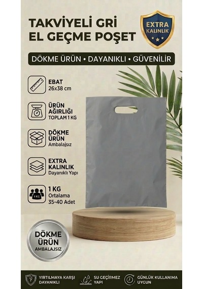 26x38 Gri Takviyeli El Geçme Poşet 1kg